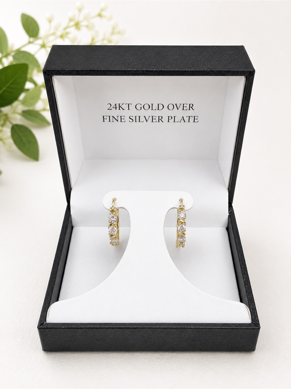 24KT Gold Over Silver Hoop Earrings with Crystals - NWT